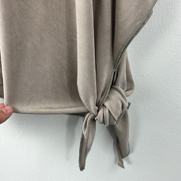 Chicos Travelers Slinky Beige Asymmetrical Tie Waist Dolman Sleeve Top Size M - Picture 9 of 13